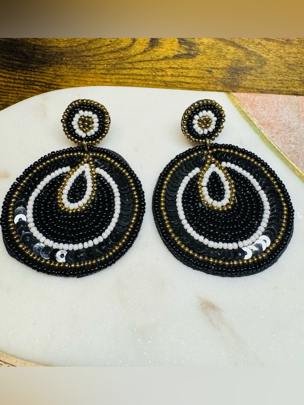 Black White Beaded Statement Earrings Sequin Boho Dangle